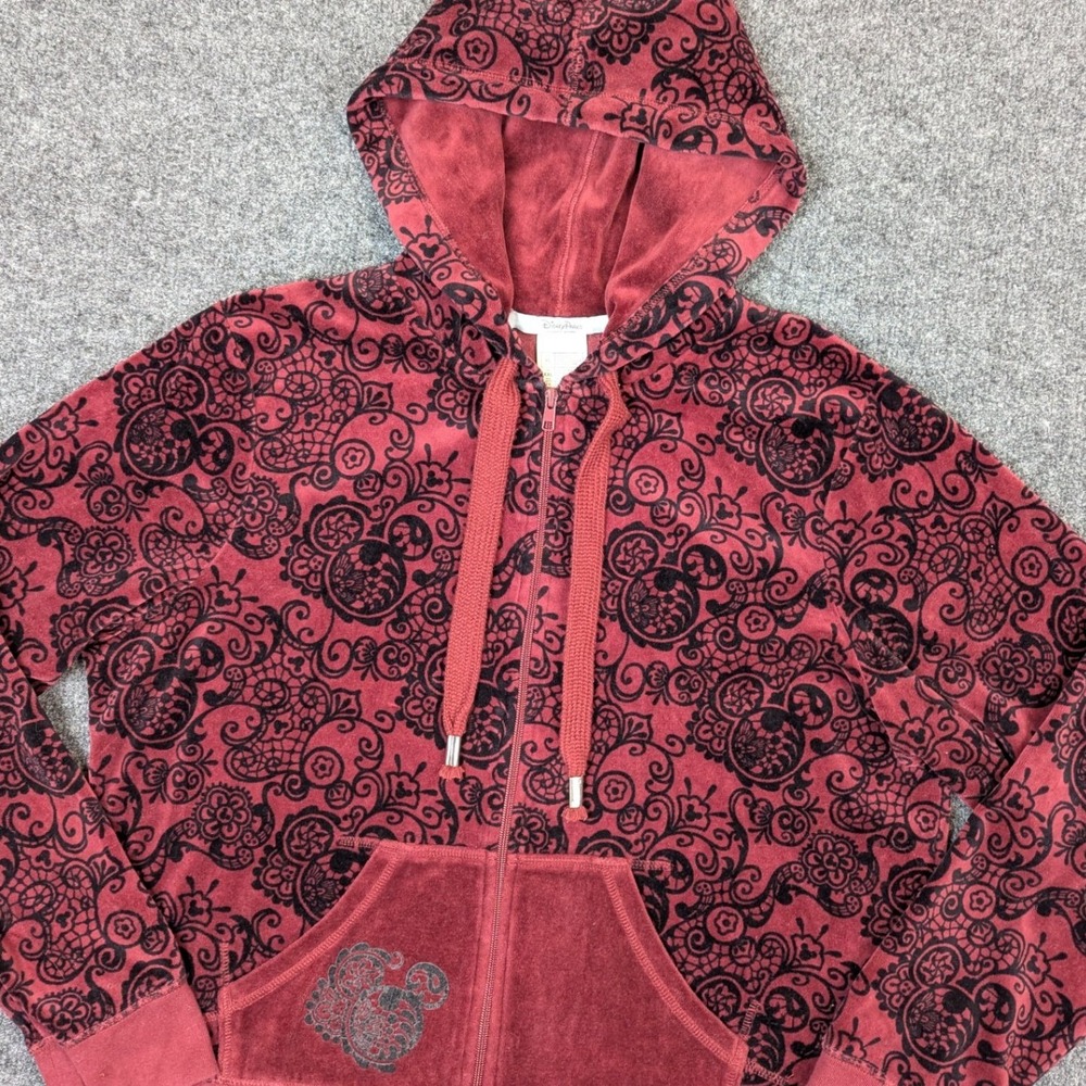 Disney Parks Mickey Mouse Red Velour Flocked Damask Zip Up Hoodie XL Womens